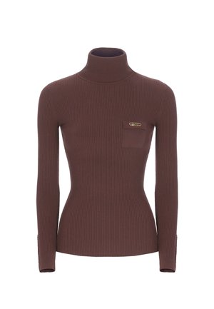 Pull à col roulé marron à manches longues et à coupe ajustée, doté d'une petite poche et d'un accent logo en ton doré sur la poitrine.