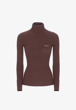 Maglione a collo alto a maniche lunghe marrone a coste, con una vestibilità aderente, caratterizzato da una piccola tasca e un accento del logo in tono oro sul petto.