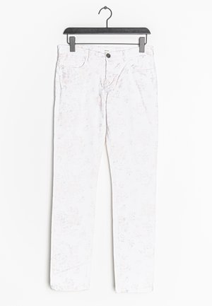 Witte katoenen jeans met een bloomend patroon in pastelkleuren. Bevat voorzakken, een knoopsluiting en een recht model.
