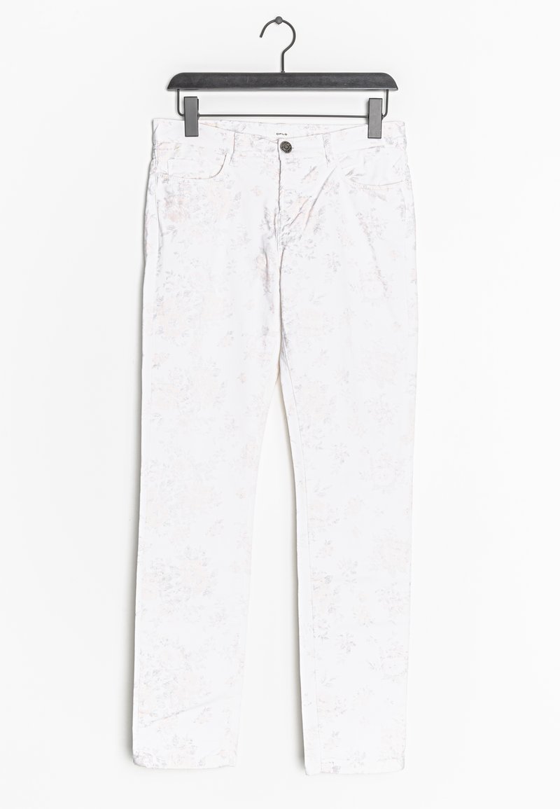 Jeans de algodón blancos con un patrón floral en colores pastel. Presenta bolsillos frontales, un cierre con botón y un diseño de pierna recta.