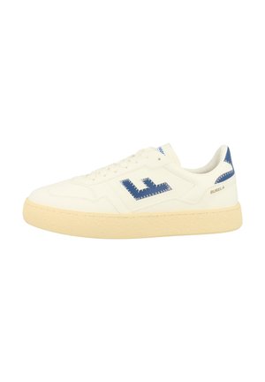 White leather sneaker with blue accents, textured sole, and prominent logo design. Features a classic low-top silhouette and lace-up front.