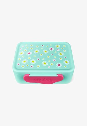 Mint-green lunchbox with a floral pattern of daisies in white, pink, and yellow. Features a pink hinge and an ergonomic design.