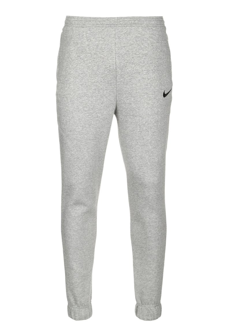 Pantalones de chándal grises hechos de tejido suave, con una cinturilla elástica, puños acanalados y un pequeño logo negro de Nike en el muslo izquierdo.