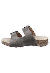 Gray slide sandal with two adjustable straps. Made of metallic material with a cork midsole and textured rubber outsole.