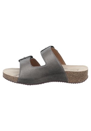Gray slide sandal with two adjustable straps. Made of metallic material with a cork midsole and textured rubber outsole.