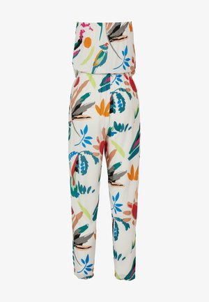Jumpsuit con stampa floreale caratterizzato da uno sfondo bianco, motivi colorati ispirati alla natura, vita elasticizzata e gambe affusolate con tasche laterali.