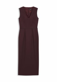 Marlborough ærmeløs kjole i dyb burgunder. V-udskæring, figursyet bodice, diskrete sømdetaljer og knælængde. Skjult lynlås bagpå.