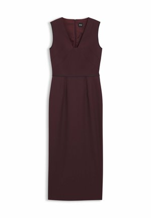 Ärmelloses Marlborough-Kleid in tiefem Burgunderrot. V-Ausschnitt, tailliertes Oberteil, dezente Nahtdetails und knielang. Verdeckter Rückenreißverschluss.