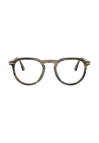 Okrągłe oprawki do okularów o przezroczystym szaro-brązowym wzorze w panterkę, z metalowymi akcentami i prostymi zausznikami.