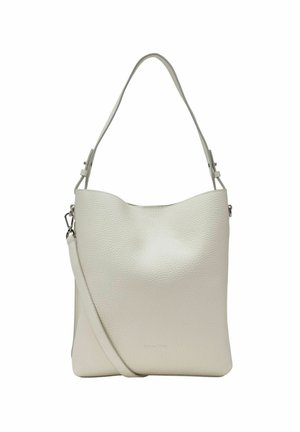 Sac à main en cuir blanc avec une finition texturée. Doté d'un dessus arrondi, d'une bandoulière réglable et d'un design minimaliste.