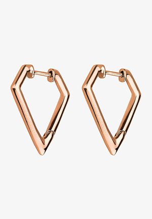 Øreringe i rosaguld metal med et geometrisk, trekantet design. Har en poleret overflade og sikker postlukning.