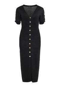 Robe midi noire avec manches courtes, col en V et une rangée verticale de boutons dorés sur le devant.