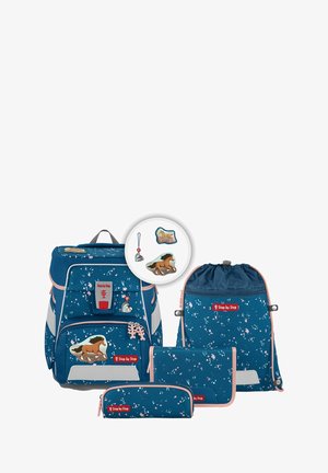 Blue backpack and accessories set with floral patterns, gray accents, pink trim, horse-themed patches, and a keychain attached.