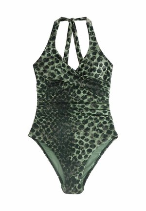 Green leopard print one-piece swimsuit with a V-neck, crossing straps at the back, and gathered detailing on the sides. Smooth texture.
