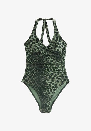 Grüner Leopardenmuster-Einteiler mit V-Ausschnitt, überkreuzten Trägern am Rücken und gerafften Details an den Seiten. Glatte Textur.