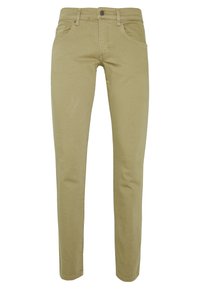 Ljust khaki slim-fit jeans tillverkade av mjukt bomullsblandat tyg, med fem fickor, knappstängning och sydda detaljer.