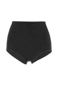 Högmidjade svarta bomullstrosor med en mjuk yta, bred stickad midjeband och rena kanter för en sömlös passform.