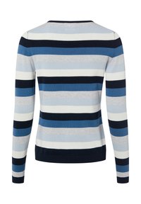 Pull en tricot à manches longues avec des rayures horizontales en bleu, marine, gris clair et blanc. Encolure arrondie et poignets côtelés.