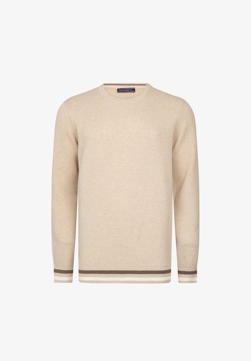 Světle béžový pletený svetr s texturou včelího plástu, kulatým výstřihem a kontrastními hnědými a bílými pruhy na manžetách a lemu.