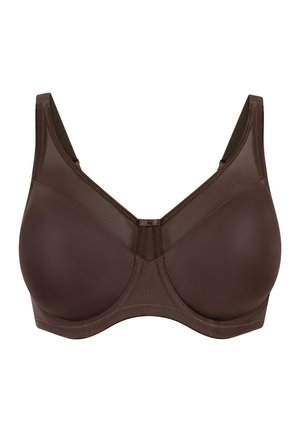 Brun bh med en glatt, matt finish, underwire støtte, brede stropper og en sømløs design med en sentral sømdetalj.