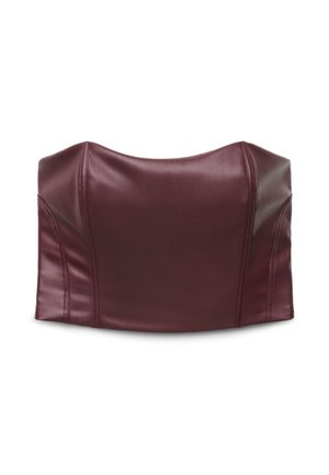 Top corto senza spalline in ecopelle bordeaux con cuciture strutturate e finitura liscia e lucida.