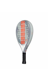 Grijs paddle racket met oranje streepjes, geperforeerd oppervlak, zwarte grip en een licht taps toelopende vorm, ontworpen voor precisie en controle tijdens het spel.