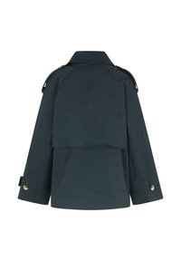 Dark green, water-resistant jacket with a high collar, oversized fit, and gold-tone hardware. Features a layered back and wide sleeves.