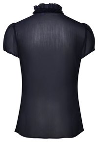Blusa trasparente blu navy con maniche corte a sbuffo e collo alto con volant, vista da dietro.