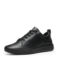 Black low-top sneaker with lace-up front, textured rubber sole, padded collar, and pull tab at heel, shown against white background.