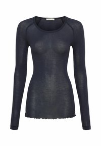 Long-sleeve navy blue top made of sheer fabric with a round neckline and scalloped hem. Features seamless design and fitted silhouette.