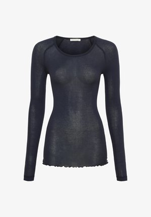 Haut à manches longues bleu marine en tissu transparent avec un col rond et un ourlet à volants. Présente un design sans couture et une silhouette ajustée.