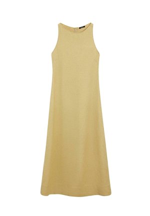 Ärmelloses, beige Midi-Kleid mit hohem Ausschnitt und Reißverschluss am Rücken, gefertigt aus strukturiertem Stoff, mit einer A-Linien-Silhouette.