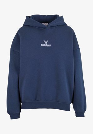 Navy blue hoodie made of cotton blend fabric. Features a kangaroo pocket, ribbed cuffs and hem, with a white "felicious" logo on the chest.
