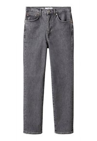 Jeans de mezclilla gris con un diseño de pierna recta, cinco bolsillos, remaches de cobre y un dobladillo limpio. El material tiene una ligera textura con un lavado clásico.