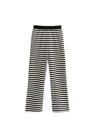 Black and white striped pants with a wide-leg design, featuring an elastic waistband for comfort and a textured knit fabric.