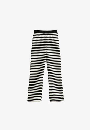 Pantaloni a righe bianche e nere con un design a gamba ampia, dotati di una cintura elastica per il comfort e di un tessuto a maglia testurizzata.