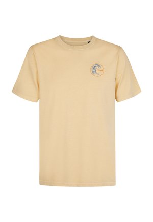 Hellgelbes Baumwoll-T-Shirt mit Rundhalsausschnitt. Hat ein rundes Logo in Blau und Orange auf der linken Brust. Kurze Ärmel.