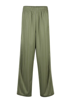 Pantaloni verde măsliniu, lejeri, cu talie elastică și model subtil cu dungi verticale, croială dreaptă.