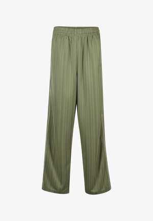 Pantalon vert olive à coupe ample avec taille élastique et motif rayures verticales subtil, coupe droite.