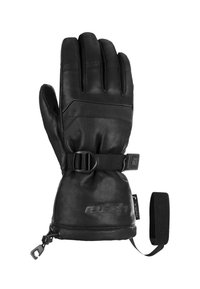 Schwarze Lederhandschuhe mit einer strukturierten Oberfläche, ausgestattet mit einem sicheren Riemen und einem verstellbaren Bündchen, konzipiert für Wärme und Geschicklichkeit.