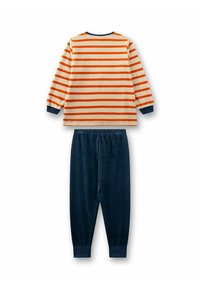 Striped long-sleeve top in cream with orange stripes, paired with navy blue fleece pants. Elastic waistband and ribbed cuffs.