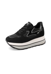 Sneaker atletico nero con suola bianca spessa, chiusura con lacci e dettaglio in gel sulla parte laterale con un motivo ondulato lucido.