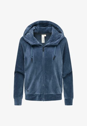 Blaue Cordjacke mit Reißverschluss und großer Kapuze, Kordelzügen und Seitentaschen. Mit gerippten Bündchen und Saum. Weicher Stoff.