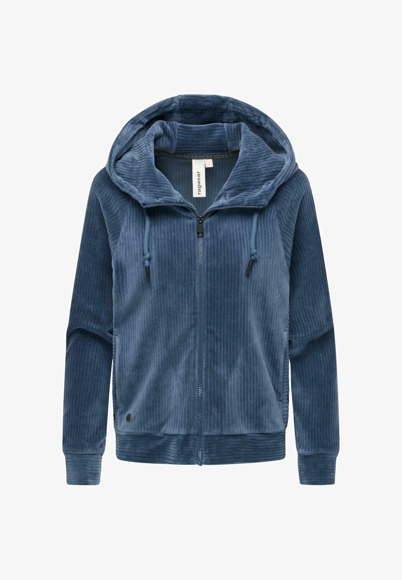 Felpa con zip in cotone a coste blu, dotata di un ampio cappuccio, stringhe e tasche laterali. Presenta polsini e orlo a coste. Texture morbida.