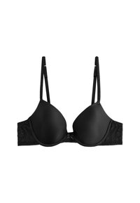 Schwarzer gepolsterter BH mit verstellbaren Trägern, Spitzen-Seitenteilen und einer kleinen Schleife in der vorderen Mitte.