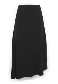 Schwarze Midi-Rock aus glattem Stoff, mit ausgestellt Design und einem seitlichen Schlitz, ausgestattet mit einem klassischen geraden Bund und klaren Linien.