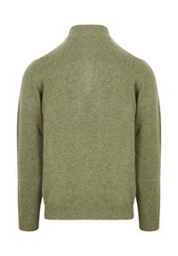 Olijfgroen gebreide trui met lange mouwen en een geribbelde opstaande kraag, van achteren weergegeven op een witte achtergrond.