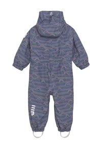 Vattentät barnoverall i mörkblått med färgglada regnbågsformer och horisontella ränder. Har elastiska ärmslut och fotremmar.