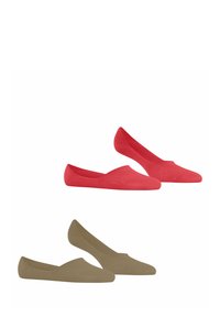 Rode en bruine platte schoenen met een gladde textuur, ronde neus en een lage snit. Elk paar heeft een naadloze bovenkant en minimale stiknaden.