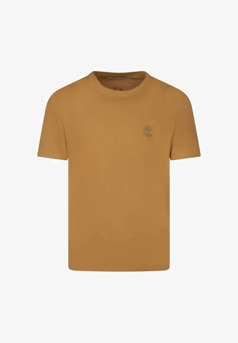 T-shirt à manches courtes de couleur jaune moutarde, fabriqué en tissu doux, doté d'un col rond et d'un petit logo dans une teinte plus foncée sur la poitrine.